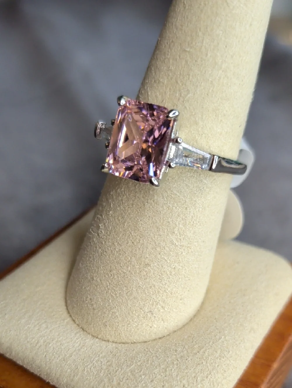 Pink Cushion-Cut Solitaire Ring with Baguette Accents - Women Jewelry